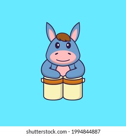 Cute llama is playing drums. Animal cartoon concept isolated. Can used for t-shirt, greeting card, invitation card or mascot.