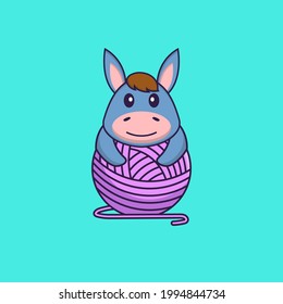 Cute llama playing with wool yarn. Animal cartoon concept isolated. Can used for t-shirt, greeting card, invitation card or mascot.