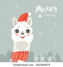 Cute llama in red Christmas hat. Vector illustration. Alpaca cartoon character. Isolated. Flat style.