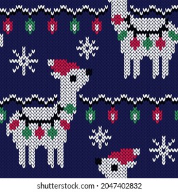 Cute llama in red Santa Claus hat, jacquard knitted seamless pattern. Christmas background. Vector illustration.