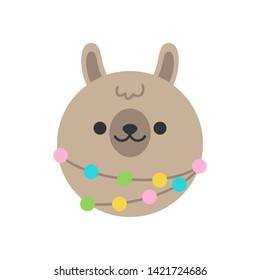 Cute llama round graphic vector icon. Brown fluffy alpaca, llama with colorful pom poms, animal head, face illustration. 