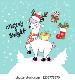 Cute llama in santa claus hat and inscription Merry & Bright on snow background