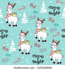 Cute llama in santa claus hat and inscription Merry & Bright on snow background seamless pattern