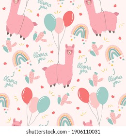 Cute llama seamless pattern. Alpaca flying on toy balloon, pastel rainbow and cactus. Childish background. Textile or wrappind paper for children. Baby shower party concept.