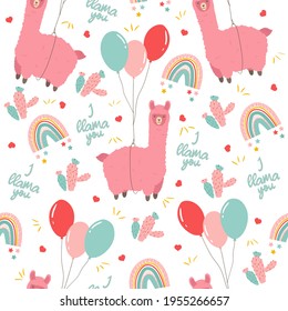 Cute llama seamless pattern. Alpaca flying on toy balloon, pastel rainbow and cactus. Childish background. Textile or wrappind paper for children. Baby shower party concept.