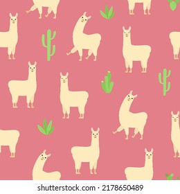 Cute llama seamless pattern. Cartoon alpaca and cactuses on pink background. 