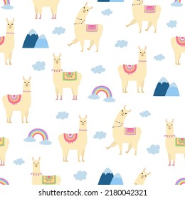 Cute llama seamless pattern. Cartoon alpaca, rainbow, clouds and mountains on white background. Vector illustration