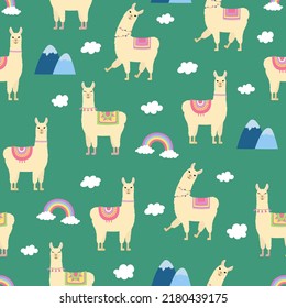 Cute llama seamless pattern. Cartoon alpaca, rainbow, clouds and mountains on green background. Vector illustration