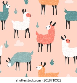 Cute llama seamless pattern,  childish animal background, hand drawn vector illustration