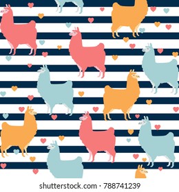 Cute llama seamless pattern design - Colorful llama illustrations with lines and hearts - funny llama characters in endless pattern background