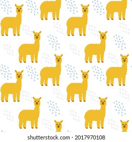 Cute llama seamless pattern on white background vector illustration. Background with baby animal for kids. Template for wallpaper, fabric, textile, decor and design.