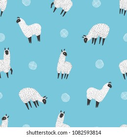 Cute llama seamless pattern. Vector blue background with hand drawn alpaca lama.