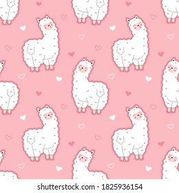 Cute llama seamless pattern, white fluffy alpaca. Girlish print on textiles, packaging, fabric, wallpaper.