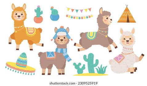 Cute llama set. Adorable tropical and exotic animals. Stickers for social media. Wildlife and fauna. Toys or mascots. Cactus and sombrero. Cartoon flat vector collection isolated on white background