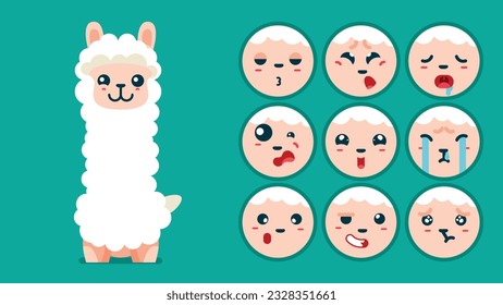 Cute Llama, set of animal emotions, tiny Llama with emoji collocation, sleeping, crying, sad, Bored, happy, excited, lovable, surprised, careless, confident, terrifled, stunned, Flat Vector avatar