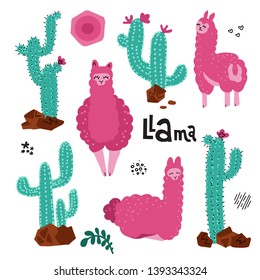 Cute llama set for design. Tree alpacas.with many Cacti plant Childish print for cards and nursery decoration.Vector Illustration of flat hand drawn cactus on white background.Front, back, side views.