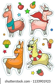 Cute llama set isolated on white background. Cool alpacas for poster, sticker, greeting card or print.