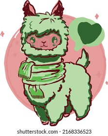 Cute llama in shades of green, on a pink circle background. The vector file will come in handy for your designs.