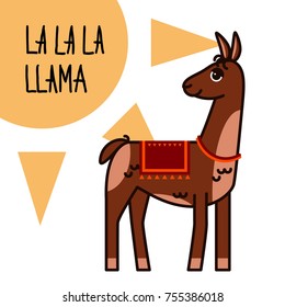 Cute llama with sign La La La Llama on sun, line art style, funny illustration for greeting card