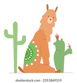 Cute llama sitting between cactuses. Camel family llama alpacas vector illustration