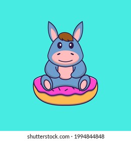 Cute llama is sitting on donuts. Animal cartoon concept isolated. Can used for t-shirt, greeting card, invitation card or mascot.