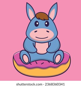 Cute llama is sitting on donuts. Animal cartoon concept isolat