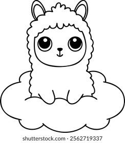 A Cute llama sitting on fluffy cloud, exuding playful charm and joy