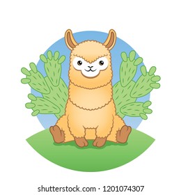Cute llama sitting on the grass with a cactus behind her back. White background.