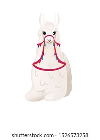 Cute llama sitting on ground wearing decorative saddle with patterns cartoon animal design flat vector illustration isolated on white background front view