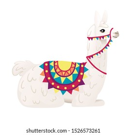 Cute llama sitting on ground wearing decorative saddle with patterns cartoon animal design flat vector illustration isolated on white background side view