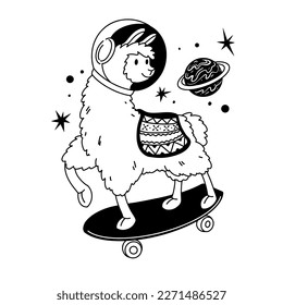 Cute llama skating in space, vector hand drawn art