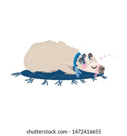 Cute llama sleeping on a rug - funny cartoon alpaca animal with collar taking a nap. Isolated trendy vector illustration of domestic lama napping in comfortable position.