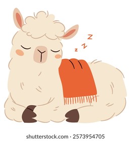 A cute llama sleeping on a white background. Flat vector illustration in simple style