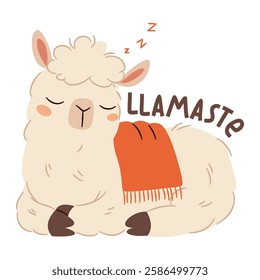 A cute llama sleeping on a white background. Flat vector illustration in simple style, lettering llamaste