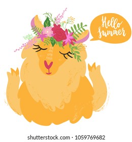 Cute llama smiling with eyes closed wearing flower crown. Hand lettering Hello summer phrase. Graphic design for print.