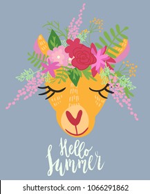 Cute llama smiling with eyes closed wearing flower crown. Hand lettering phrase. Graphic design for print.