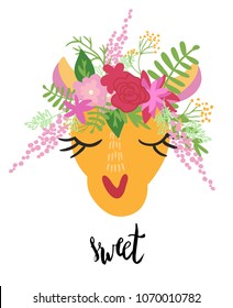 Cute llama smiling with eyes closed wearing flower crown. Hand lettering phrase. Graphic design for print.