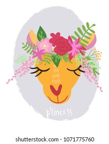 Cute llama smiling with eyes closed wearing flower crown. Hand lettering princess. Graphic design for print.