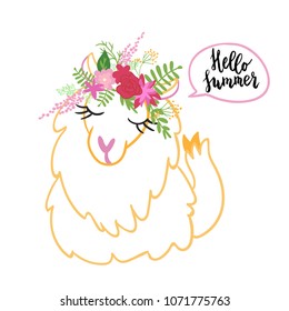 Cute llama smiling with eyes closed wearing flower crown. Hand lettering Hello summer phrase. Graphic design for print.