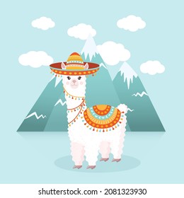 Cute llama in a sombrero against the background of mountains and clouds. Vector illustration for greeting card, poster, texture, textile, decor. Cartoon character alpaca.