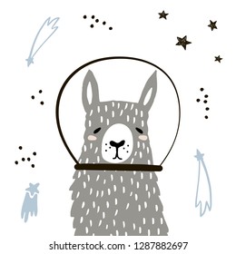 Cute llama in space print. Childish vector illustration in scandinavian style. Perfect for kids and baby apparel design, wall art, poster