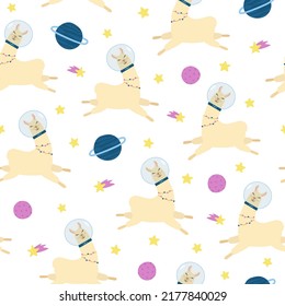 Cute llama in space seamless pattern. Cartoon alpaca in astronaut suit, stars and planets on white background. Vector illustration