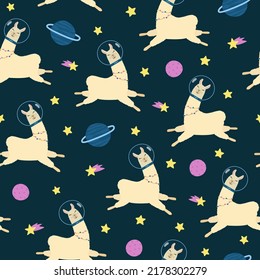 Cute llama in space seamless pattern. Cartoon alpaca in astronaut suit, stars and planets on dark blue background. Vector illustration