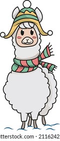 cute llama stands in winter in a hat and scarf