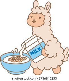 Cute Llama sticker icon. Funny Llama pouring a milk into cereal bowl