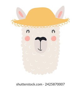 Cute llama in straw hat cartoon character illustration. Hand drawn Scandinavian style flat design, isolated vector. Kids summer print element, animal on holidays, vacations, beach