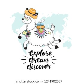 Cute llama with a suitcase, a camera and an inscription explore dream discover