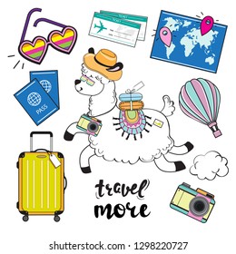 Cute llama with suitcases, passport, map, camera and other travel items and the inscription travel more