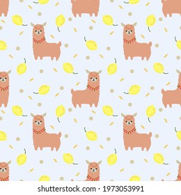 Cute llama and summer lemon seamless pattern