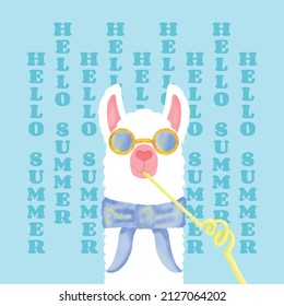 Cute Llama in Sunglasses Drinking a Cocktail through a Straw Summer Vacation Relaxation Hello Summer